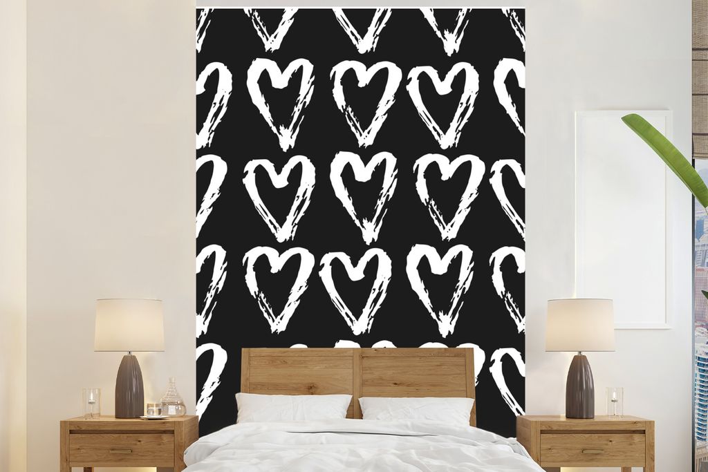 MuchoWow Fototapete für Wohnzimmer oder Schlafzimmer Wandtapete Vinyl Motivtapete Herz - Schwarz - Weiß - Muster - 155x240 cm - Tapete