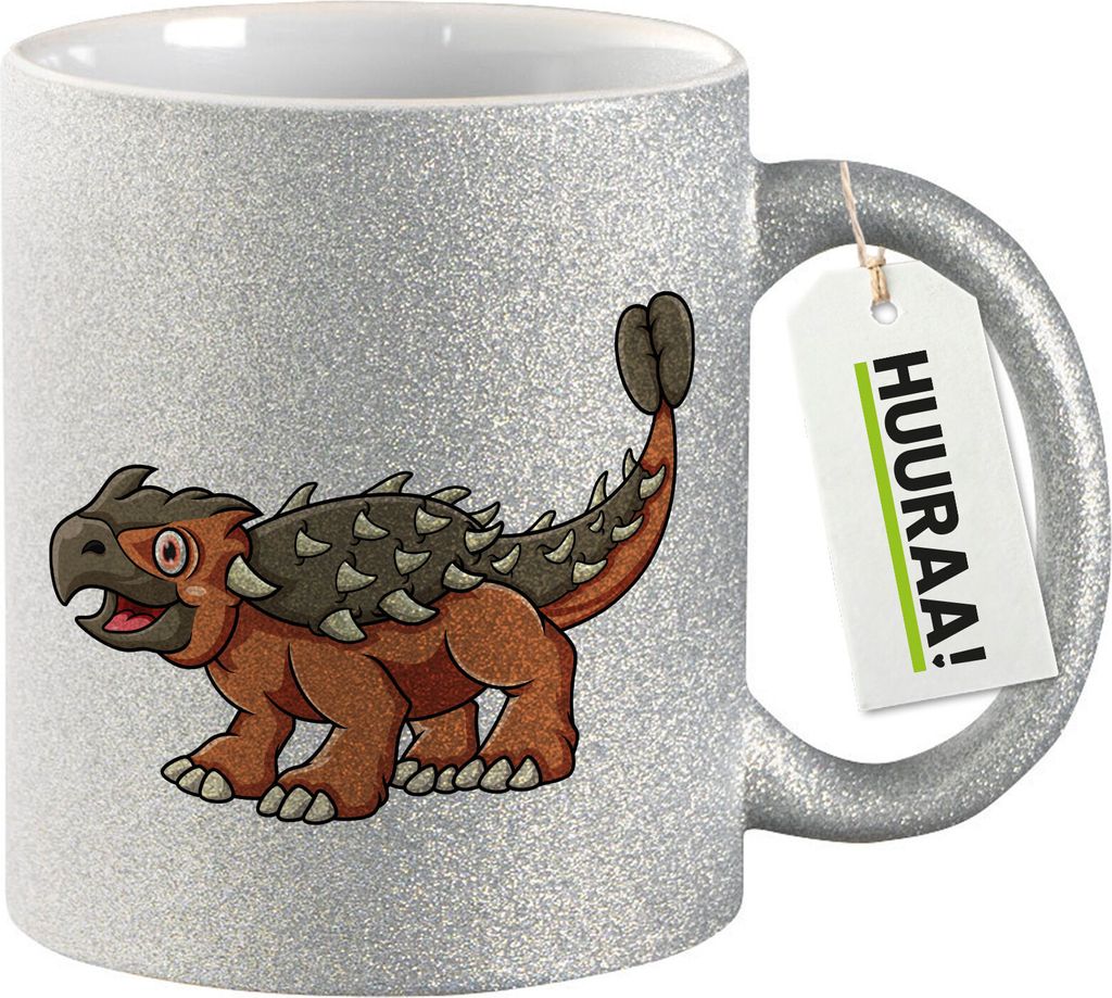 Huuraa Glitzertasse Ankylosaurus Dinosaurier 330ml Silber Keramik Kaffeebecher Geschenkidee