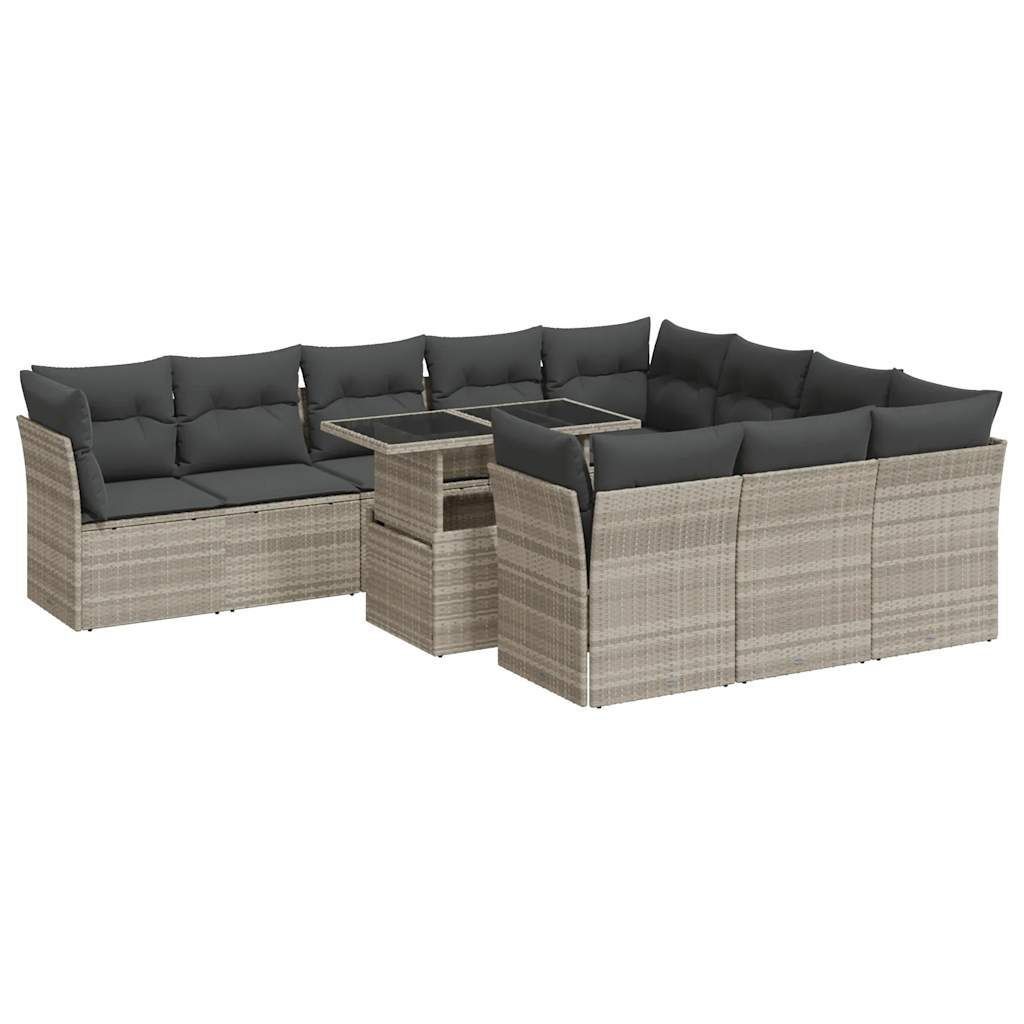 vidaXL 11-tlg. Garten-Sofagarnitur mit Kissen Hellgrau Poly Rattan