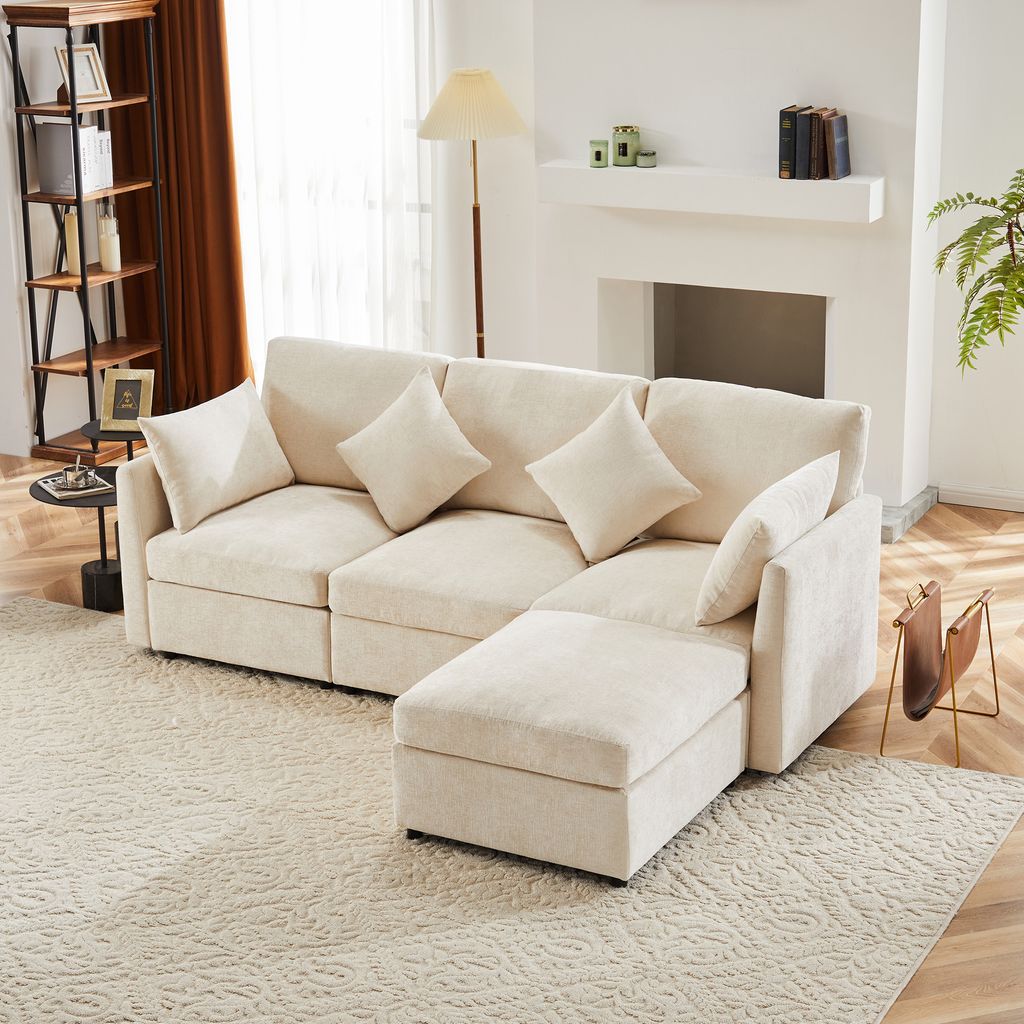 Ecksofa mit Hocker, Zier- und Armlehnenkissen, L-Form, Chenille, Wohnzimmersofa