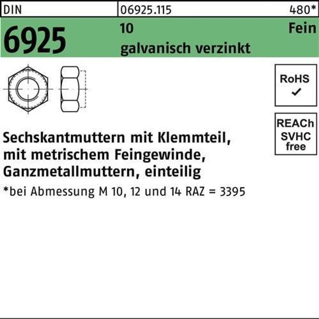 Reyher  Sechskantmuttern DIN 6925 10 M 12x1,5 galv. vz (100 Produktbild 
