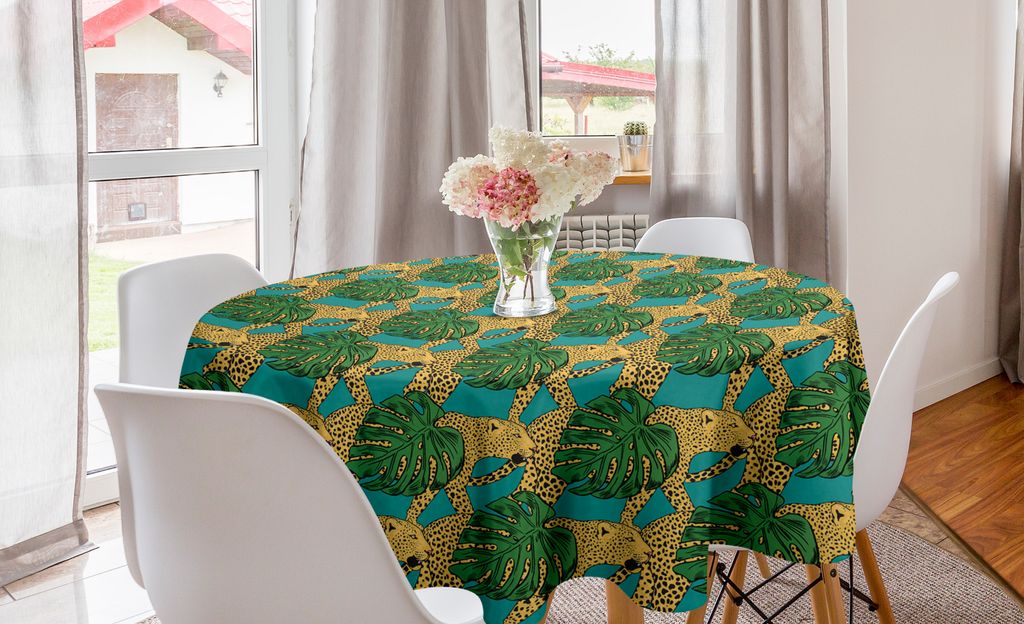 ABAKUHAUS Jaguar Runde Tischdecke, Tiere und Monstera Leaves, Kreis Tischdecke Abdeckung für Esszimmer Küche Dekoration, 150 cm, Gelb Teal Grün