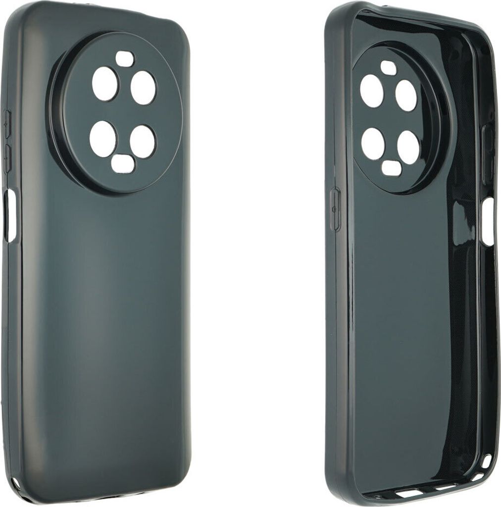 Two views of a transparent phone case with a circular camera cutout.