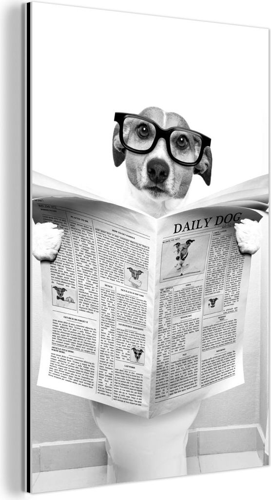 MuchoWow Wanddekoration Metall Metallbild Wandkunst 80x120 cm Hund - Zeitung - Toilette - Schwarz und weiß - Tiere MuchoWow Aluminium Gemälde - B...