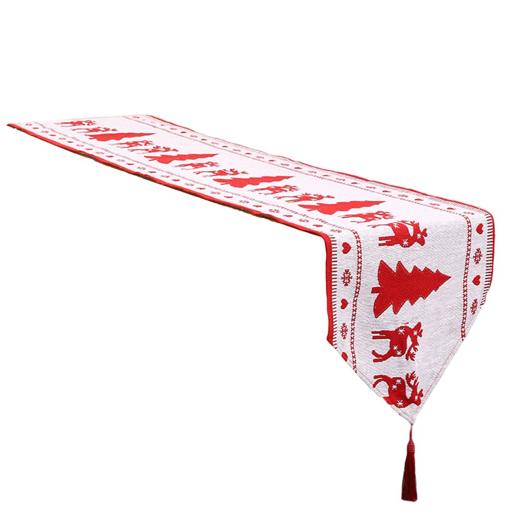 Weihnachtstisch Runner Saisonal mit Quasten dicker waschbarer Anti-Shrink-Szenen Layout Strickstoff Stoff Xmas thematisch Druck Winter Esstischtuch...