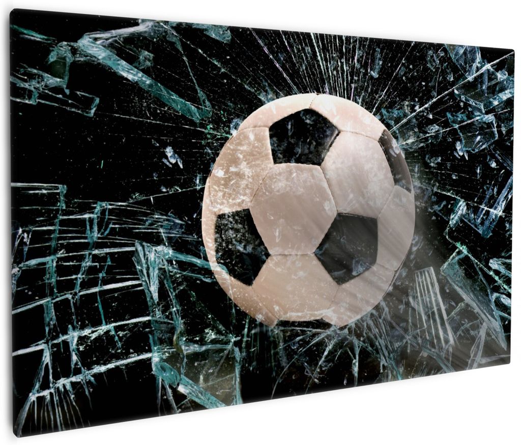 Wallario Premium Leinwandbild Fußball - im Fenster, Splitter und Glas in Größe 60 x 90 cm