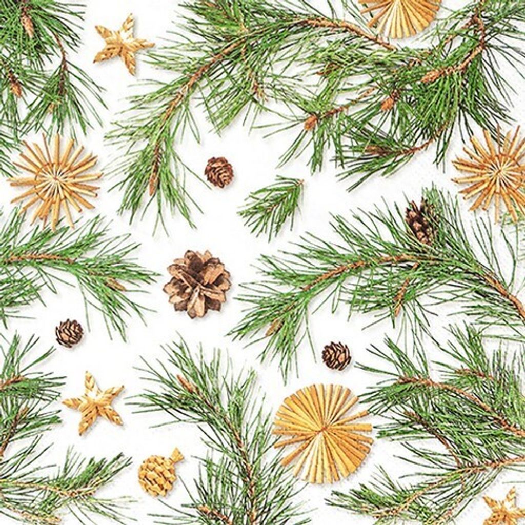 20 Servietten Pines and more - Strohsterne und Zapfen an Zweige 33x33cm