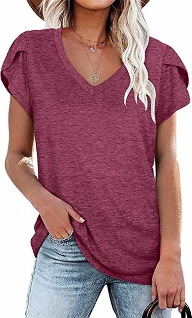 ASKSA Damen V-Ausschnitt Kurzarm T-Shirt Blütenblatt Ärmel Tops Shirts Sommer Casual Tunika Oberteile, Violett, L
