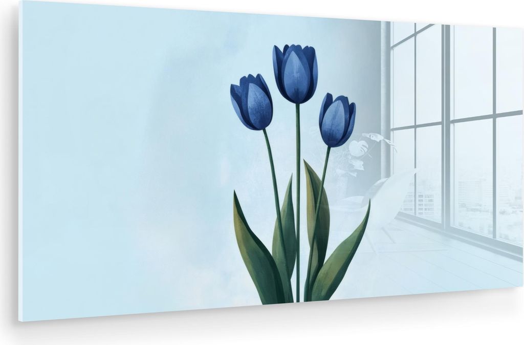 MuchoWow Glasbilder - Bilder auf Wandbild - Foto auf Glas Tulpen - Blau - Blätter 80x40 cm Wanddekoration aus Glas - Acrylglasbild - Acrylbilder -...
