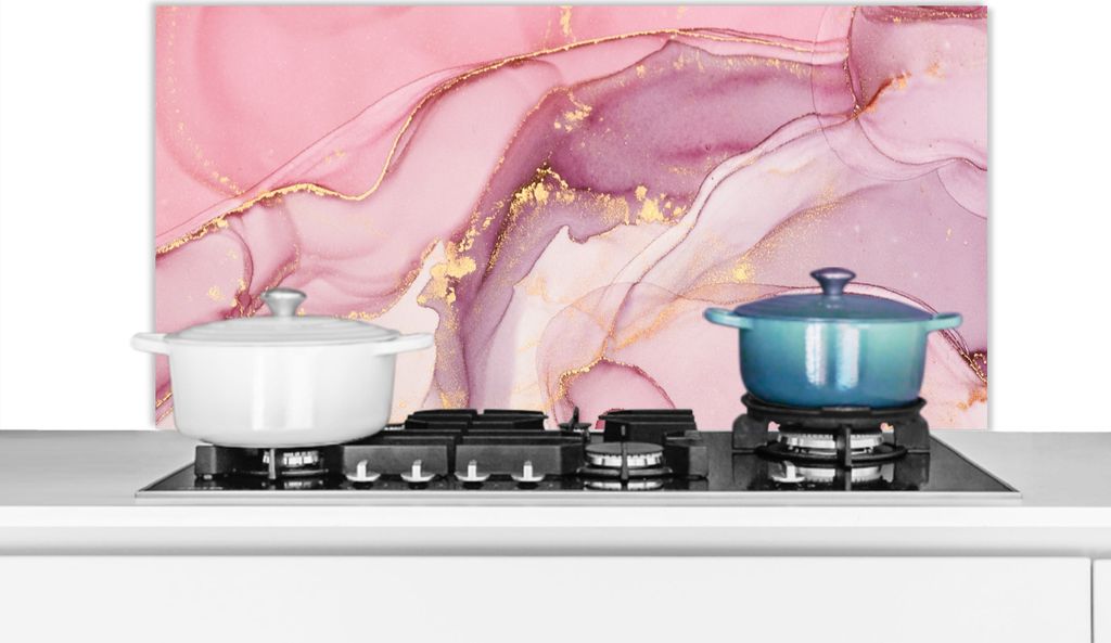 KitchenYeah Spritzschutz Küche - Küchenrückwand - Wandschutz für Herd und Spüle - Gold - Marmor - Rosa 100x50 - Alu-Dibond (Alternative zum...