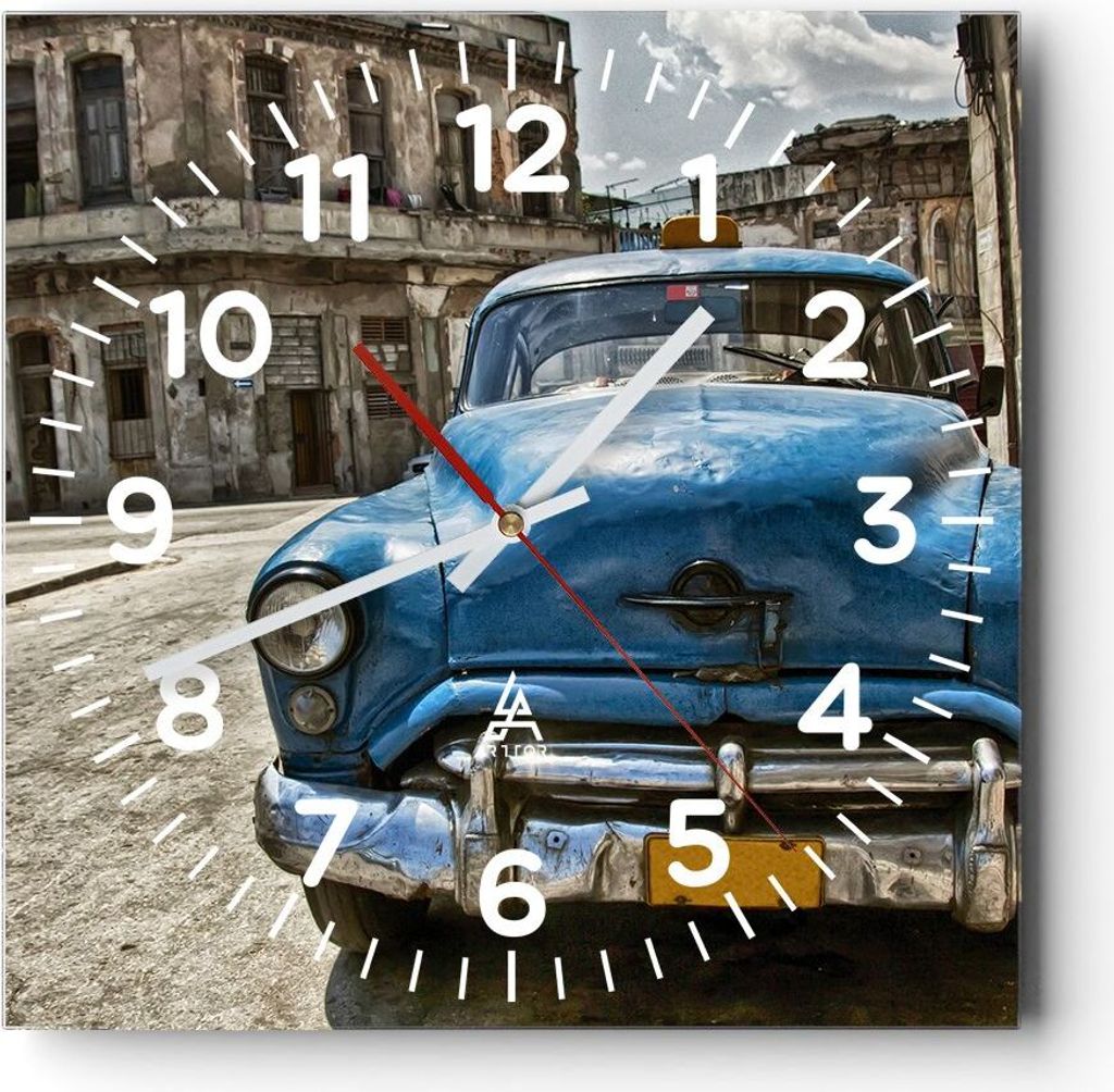 Wanduhr - Quadrat - Glasuhr - Auto Retro Kuba Havanna - 30x30cm - Schleichendes Uhrwerk - Lautlos - zum Aufhängen bereit - Dekoration Modern - Wan...