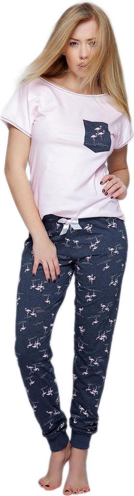 SENSIS stillvoller Baumwoll-Pyjama Schlafanzug Hausanzug aus feinem T-Schirt und bequemer Hose, Rosa/Dunkelblau, Gr. M