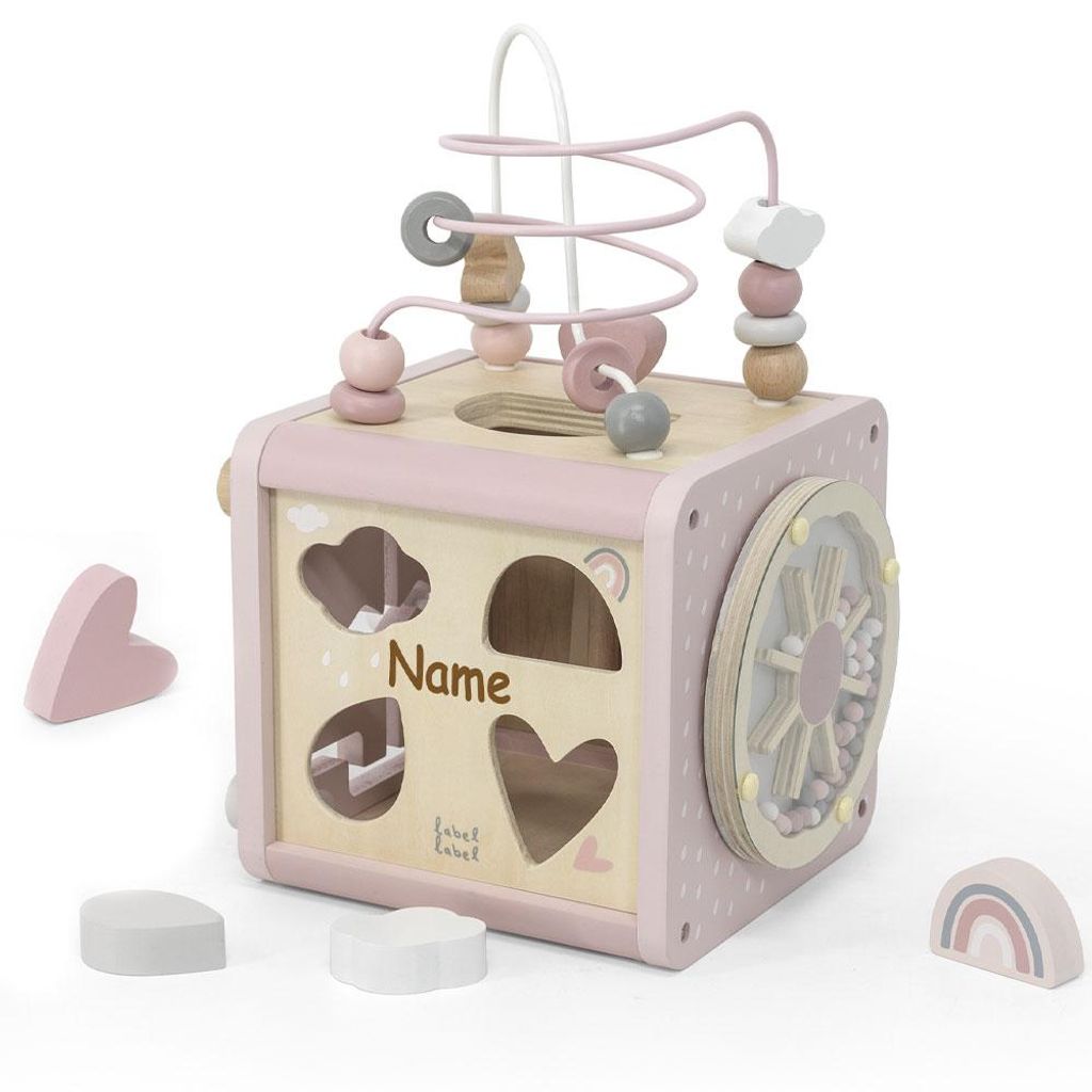 Motorikwürfel aus Holz Aktivitätswürfel für Babys, personalisiert mit Namen, ab 18 Monaten Pink