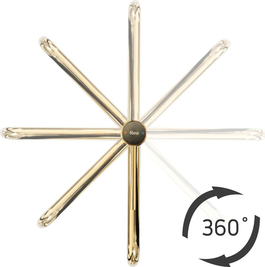 A gold-colored faucet with multiple arms radiating from a central point, shown against a white background. A circular graphic with arrows and the text '360°' is present in the lower right corner.