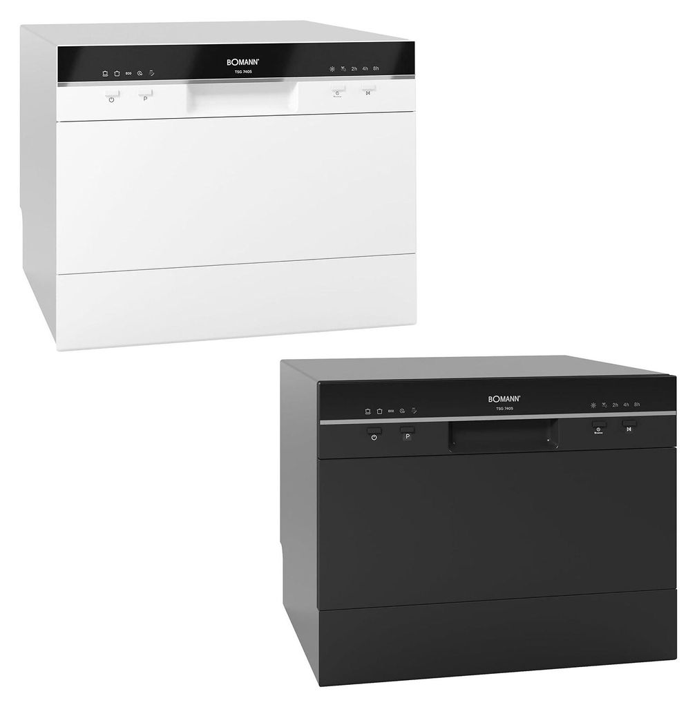 Two mini dishwashers, one white and one black, are shown against a white background.