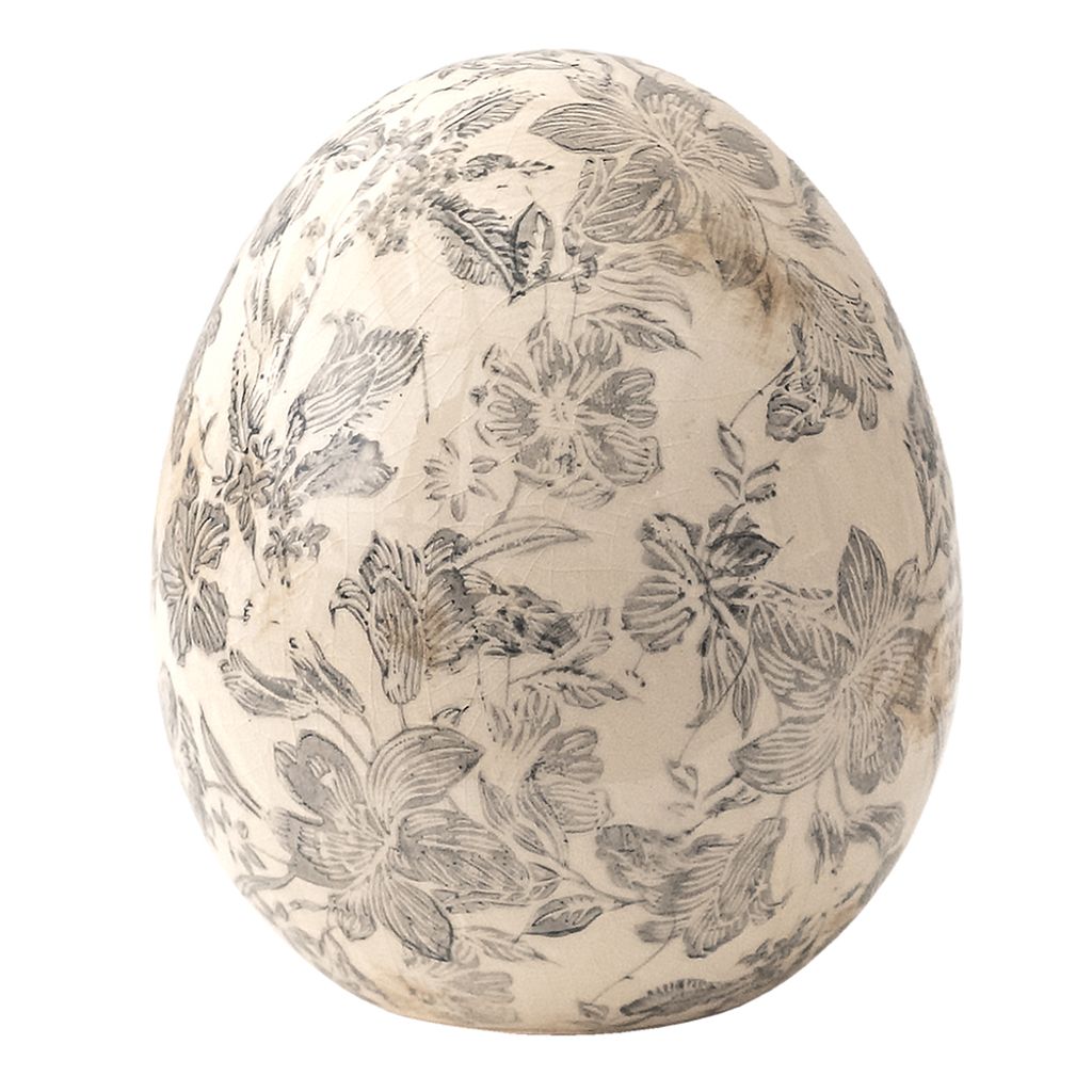 Clayre & Eef Figur Ei Ø 14x16 cm Grau Beige Keramik Blumen Produktbild 