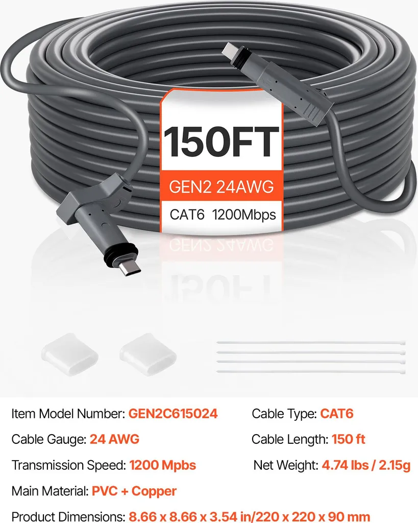 VEVOR Cavo Starlink Gen 2, 150 FT, nucleo in rame 24 AWG, prolunga durevole per la Generazione 2 standard, compatibile con Starlink Satellite V2 rettangolare, cablaggio flessibile per camper, cortile, campeggio - 7