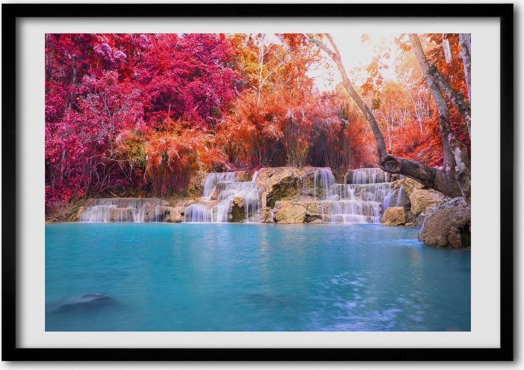 Bild - Bilder - Bilderrahmen - 70 cm x 50 cm - MDF-Rahmen, Wandkunst Wasserfall im Wald