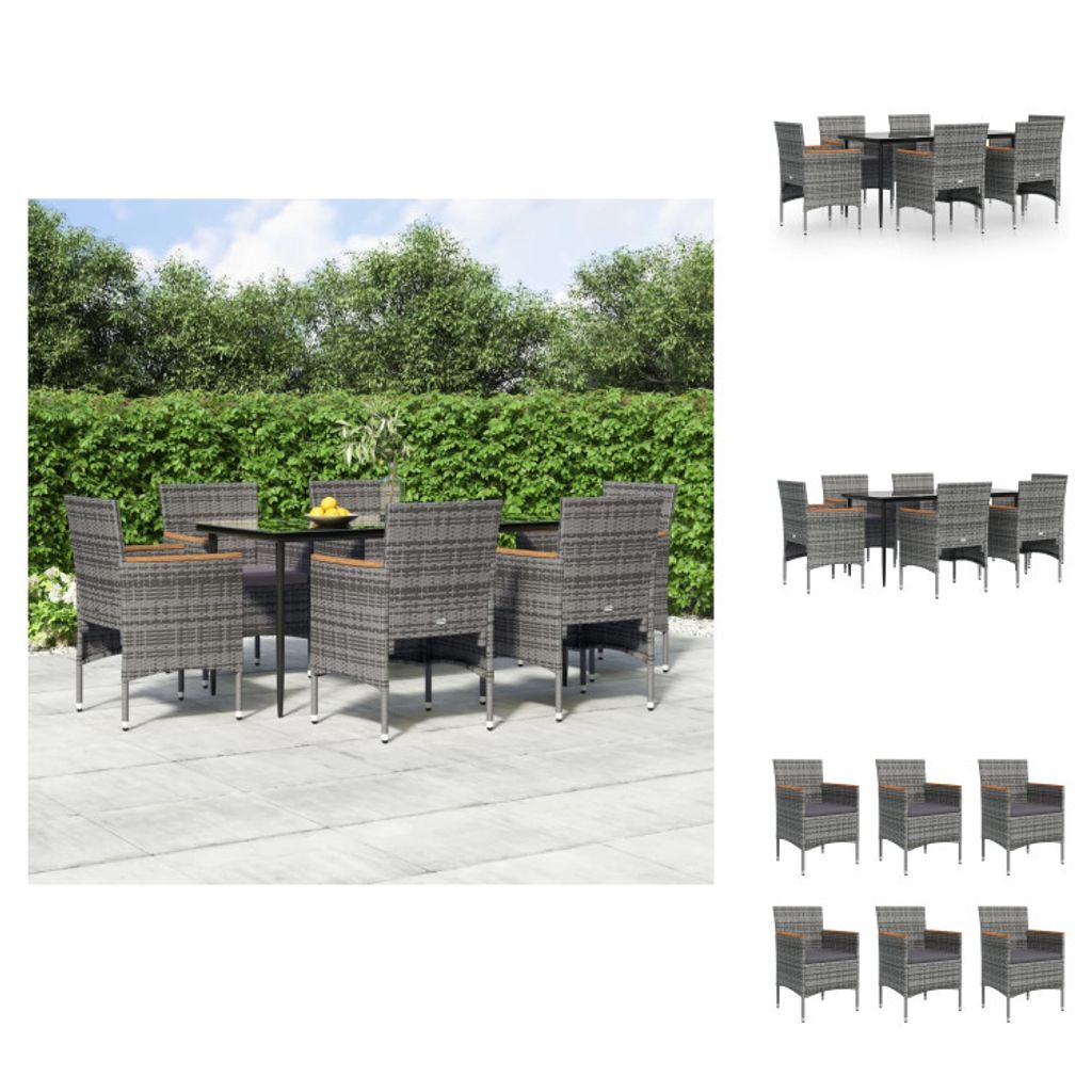 vidaXL 7-tlg. Garten-Essgruppe mit Kissen Grau und Schwarz - Gartenmöbel-Sets