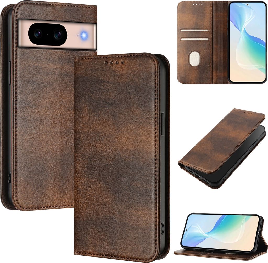 Handyhülle für Google Pixel 8A, Vintage Leder RFID Schutz Kartenfach Standfunktion Magnetische Klapphülle Braun