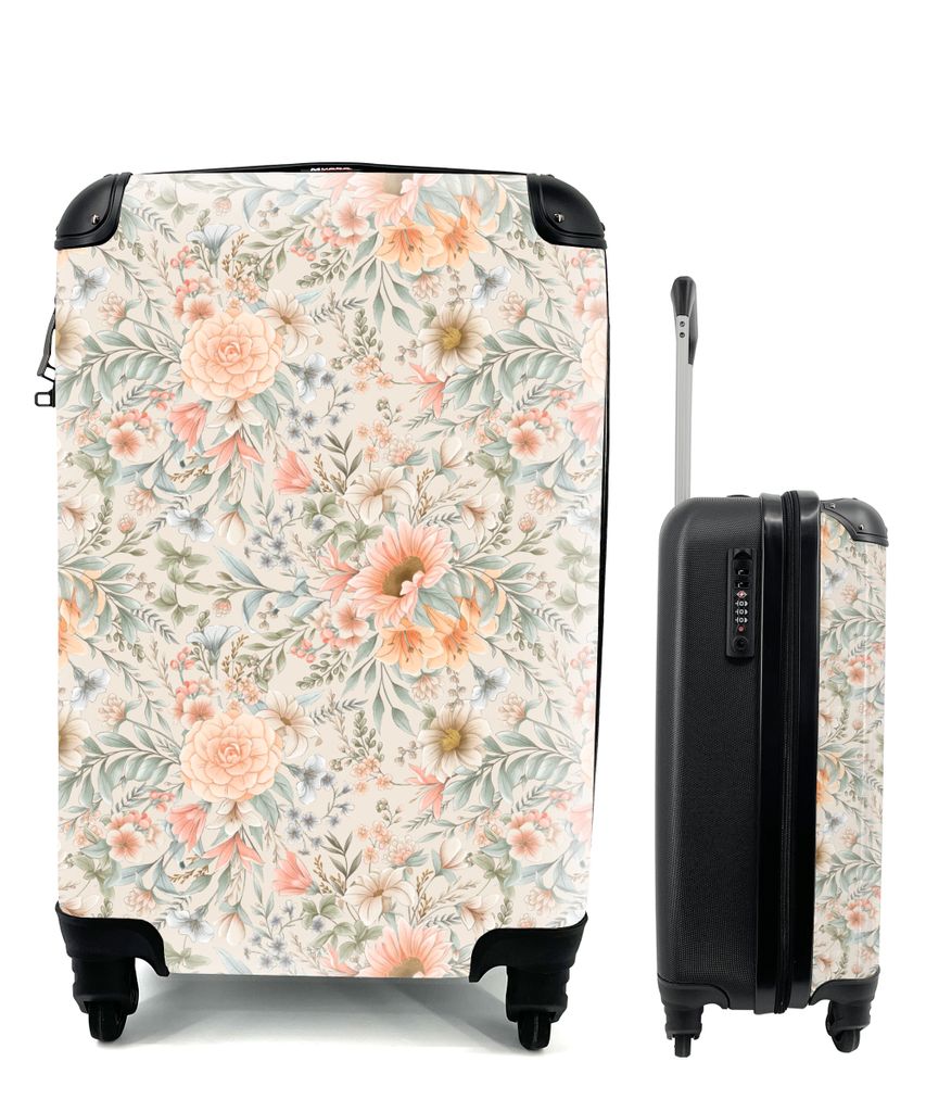 MuchoWow Koffer Handgepäck Trolley Rollkoffer Kleine Reisekoffer mit 4 Rollen - Sommerblumen - Pastell - Muster - Cabin Size < 55x40x23 cm & 55x...