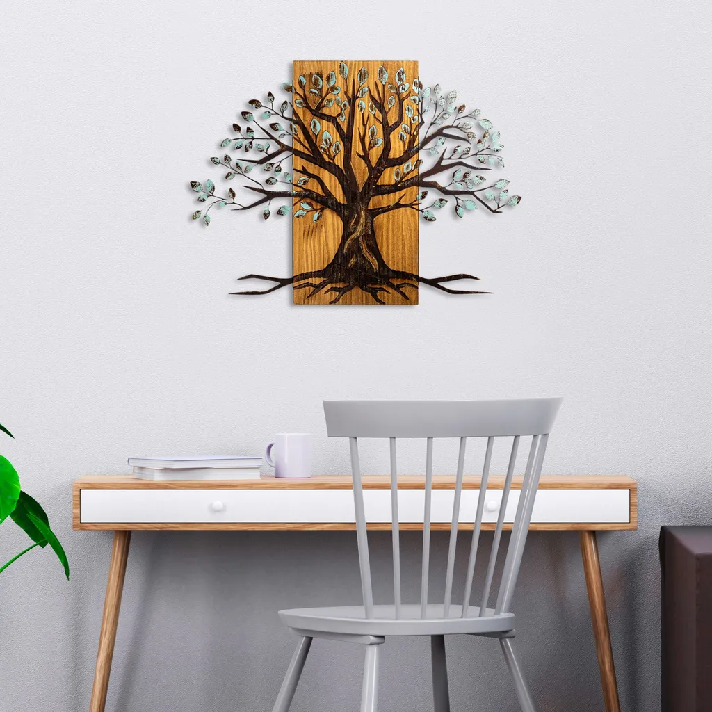 Décoration Murale Willow 382-A en Bois Véritable et Métal Noir 58x80cm