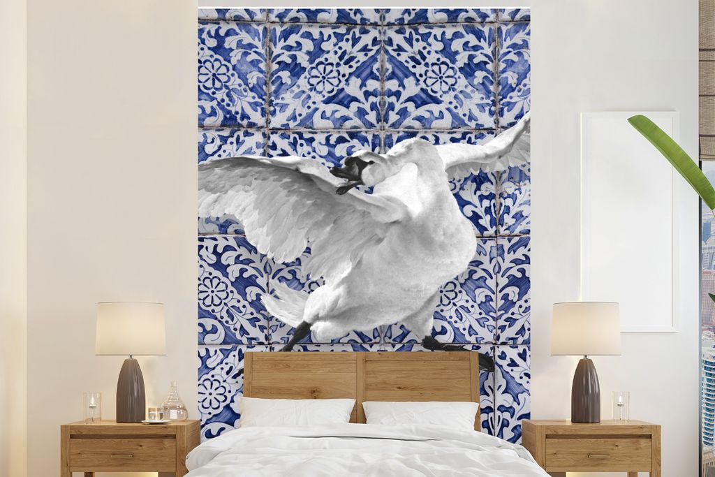MuchoWow Fototapete für Wohnzimmer oder Schlafzimmer Wandtapete Vinyl Motivtapete Schwan - Kunst - Delfter Blau - Malerei - Alte Meister - 170x2...