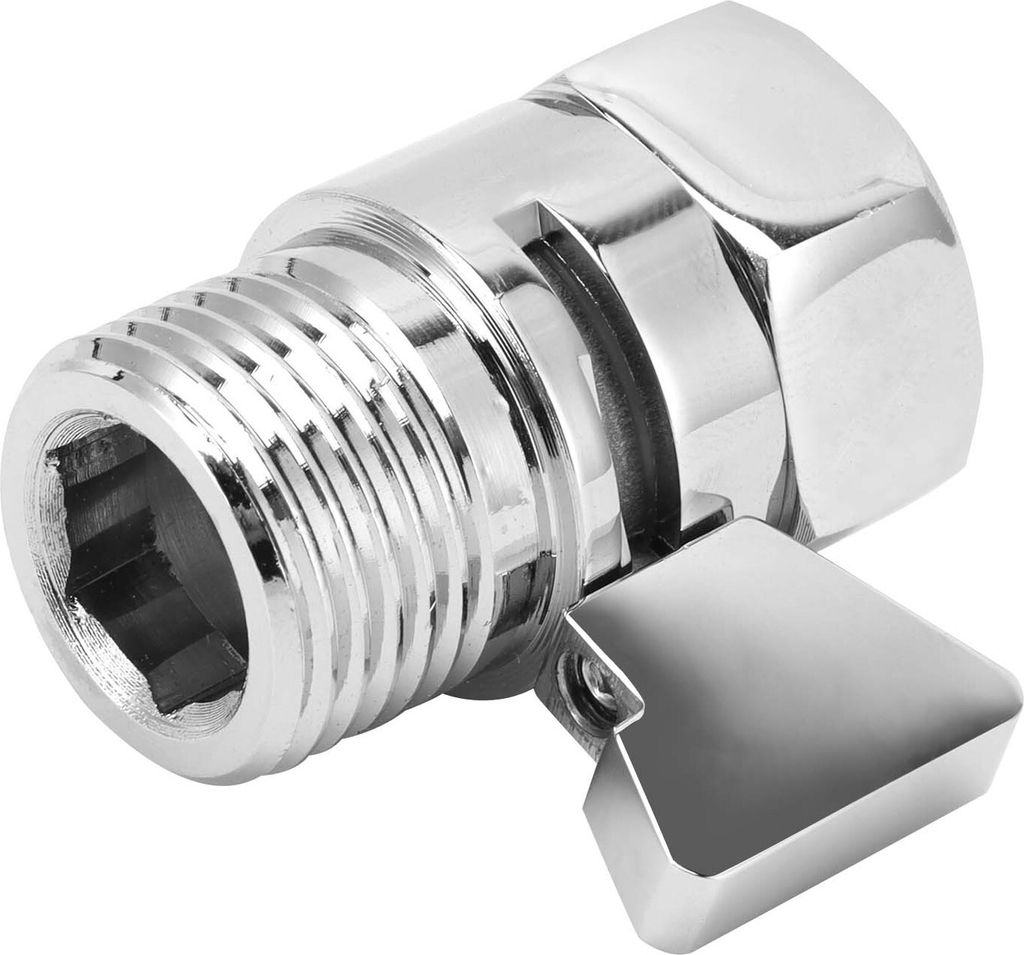A close-up studio shot of a chrome shower shut-off valve.