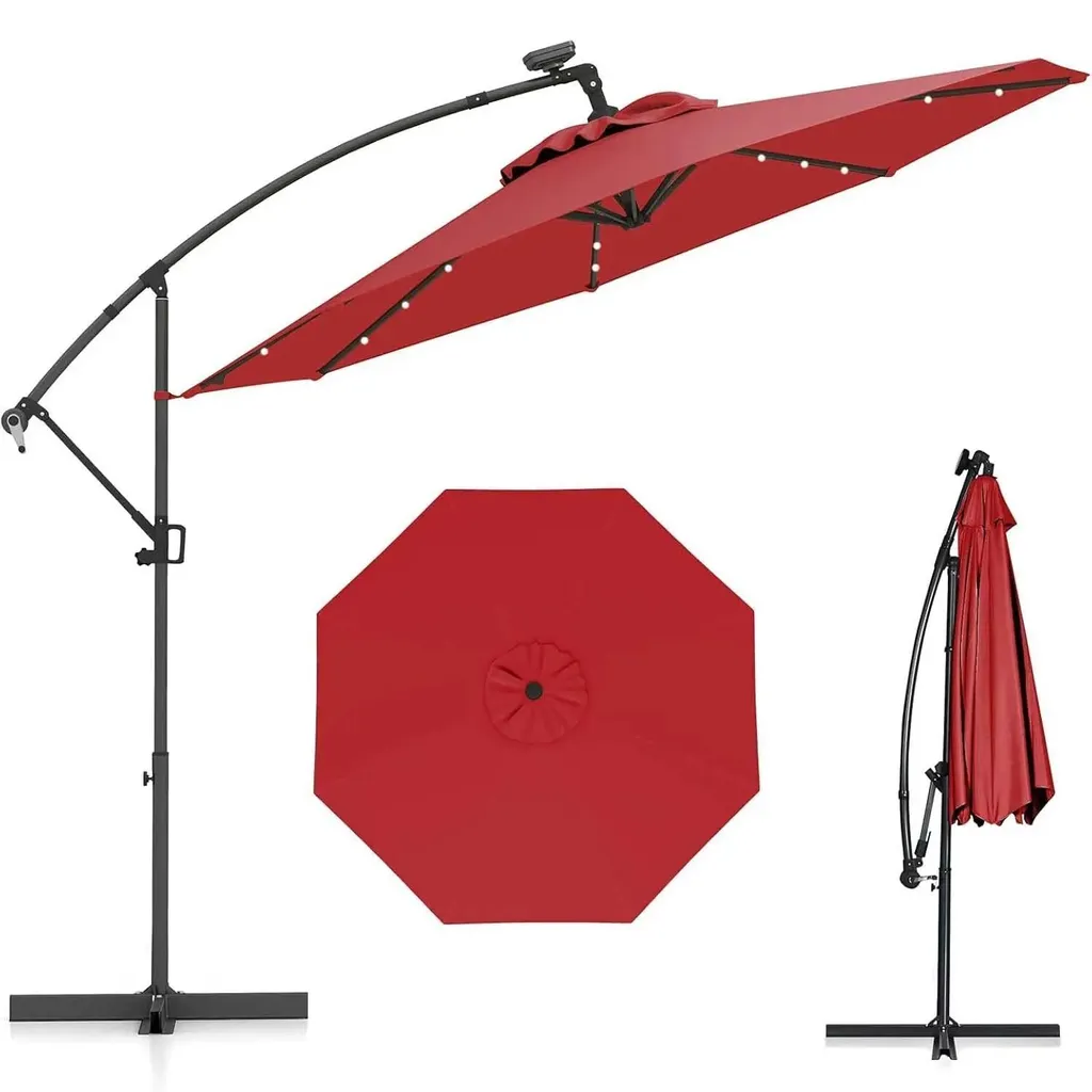 Parasol de Jardin Rouge 300 cm Déporté pour Terrasse avec LED Solaires