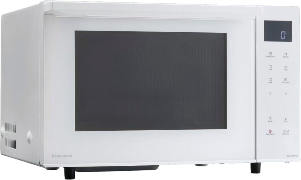 A white Panasonic microwave oven shown from a front-diagonal angle against a white background.