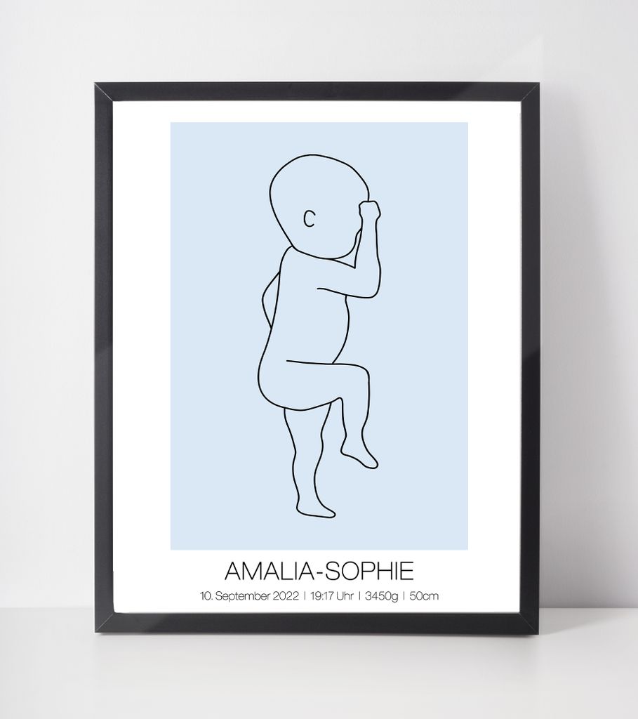 Geburtsposter personalisiert | Geschenk zur Geburt Babyposter | Kinderzimmer Babygeschenk – A4 (21x29.7cm) / Hellblau / ohne Bilderahmen