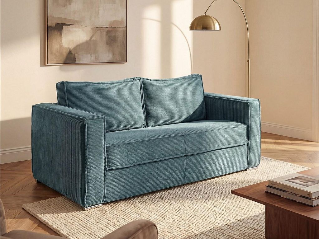 3-Sitzer-Schlafsofa vom Typ Express aus türkisfarbenem Cordvelours mit Sitzfläche aus Memory-Schaumstoff – Liegefläche 140 cm – Matratze 14 ...