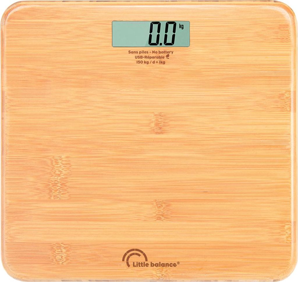 A digital scale with a bamboo finish.