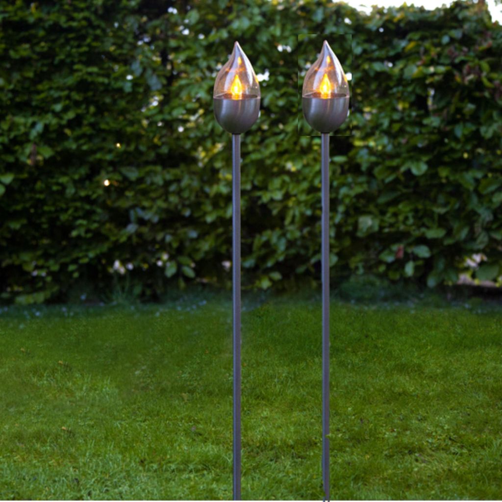 BUVTEC 2er-LED-Solar-Gartenfackel-Set 'Chiemsee', geschlossen, Edelstahl, ca.115 cm x 8 cm 1 Amber LED, mit Solarpanel, incl. Akku, Outdoor, Glas g...