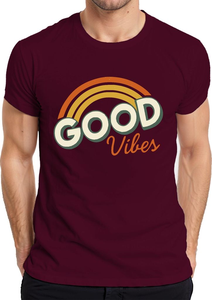 Good Vibes Retro Regenbogen Vintage 70erJahre Hippie Boho Sommer Herren T-Shirt, Burgundy, M