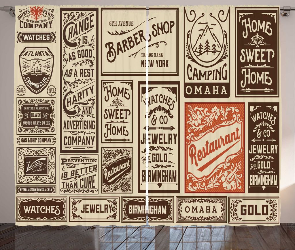 ABAKUHAUS Rustikaler Gardine, Alte Werbung packen, Schlafzimmer Kräuselband Vorhang mit Schlaufen und Haken, 280 x 225 cm, Orange Braun Creme