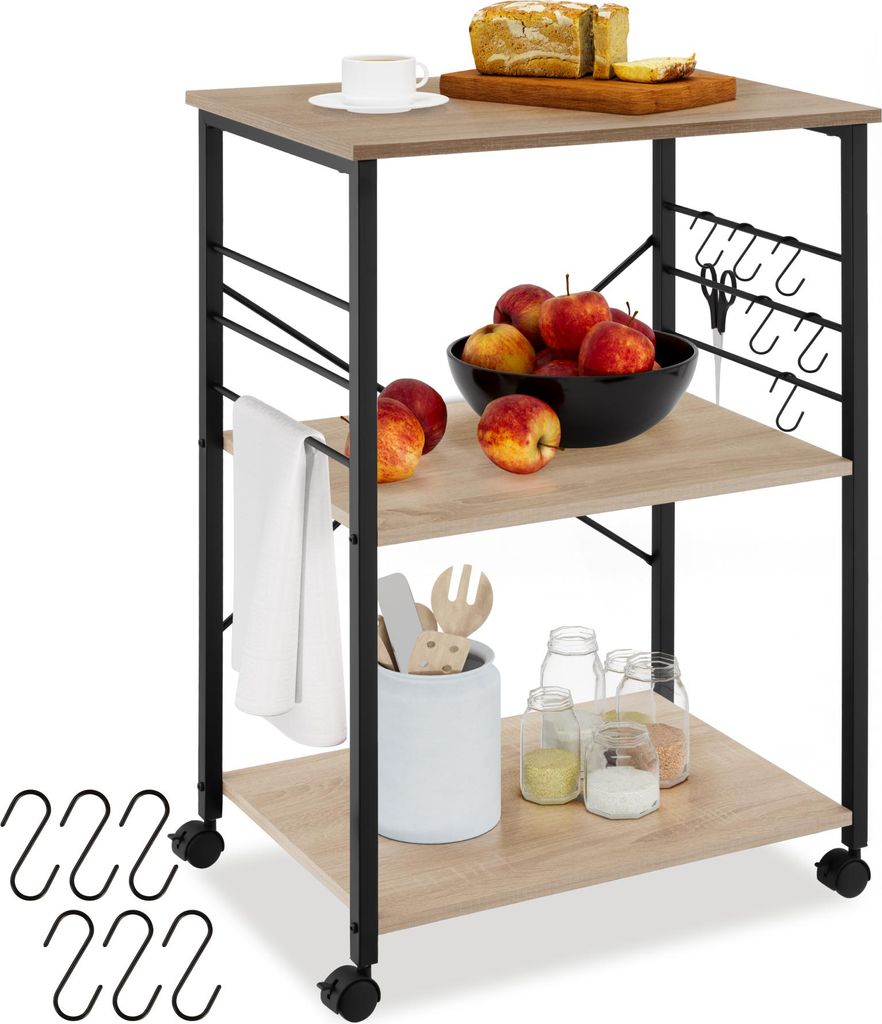 A kitchen cart with shelves and accessories.