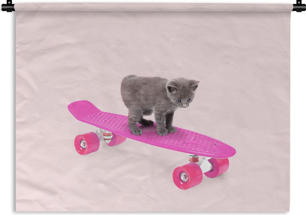 MuchoWow Wandteppich Wandbehang Katze - Kätzchen - Tiere - Skateboard - Rosa 120x90 cm Tapisserie Dekoration Wandtuch - Wohnen - Aufhänger für...