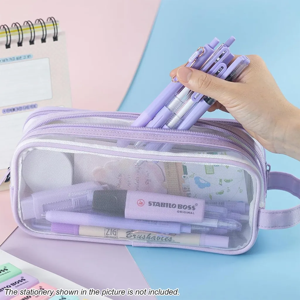 Porte-plume transparent violet grand format pour école et bureau