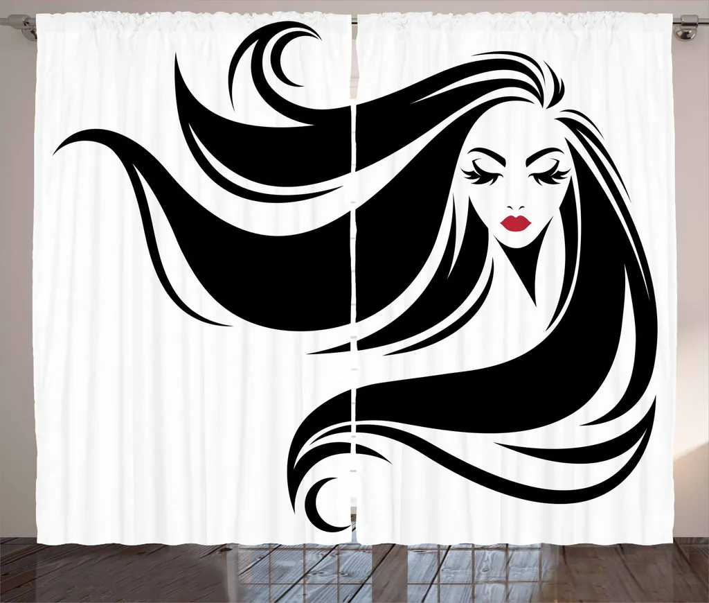 ABAKUHAUS Parrucchiere Tenda rustica, Stencil-Kunst-Frauen, Soggiorno Nastro universale Tende con passanti e ganci, 280 x 245 cm, Corallo scuro Nero