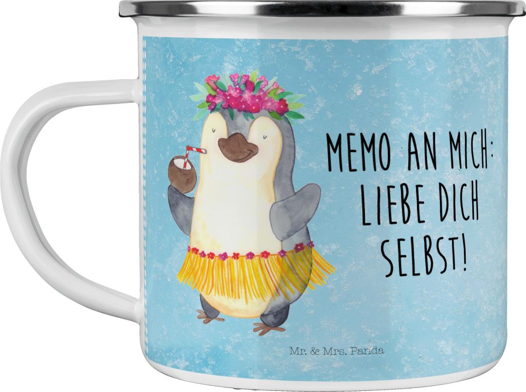 Mr. & Mrs. Panda Haferl Pinguin Kokosnuss - Eisblau - Geschenk, Urlaub, becher emaille, Campingbecher, Hawaii, Pott, Tasse, Teetasse, Teebecher