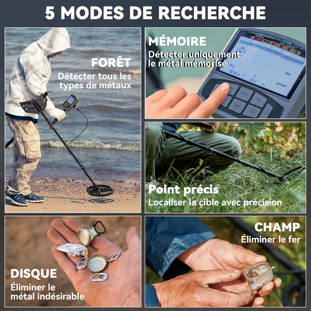 Détecteur de métaux haute précision avec 5 modes de recherche LCD