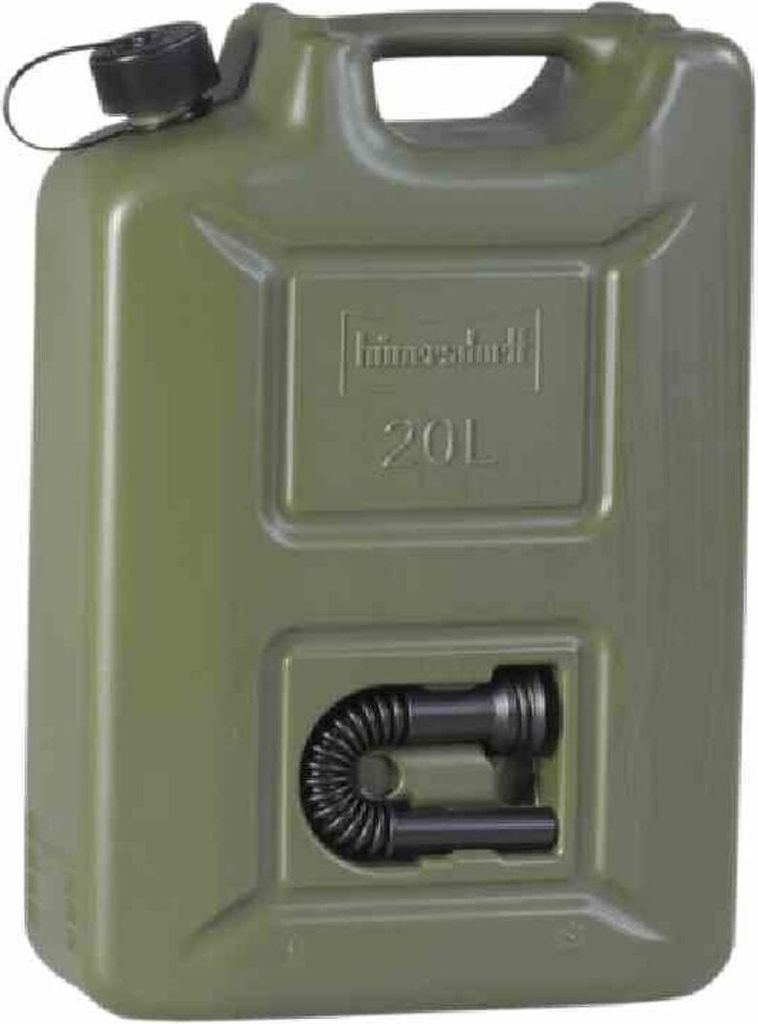 2 x Kraftstoffkanister HD-PE oliv, Inhalt 20l, integriertes schwarzes Auslaufrohr