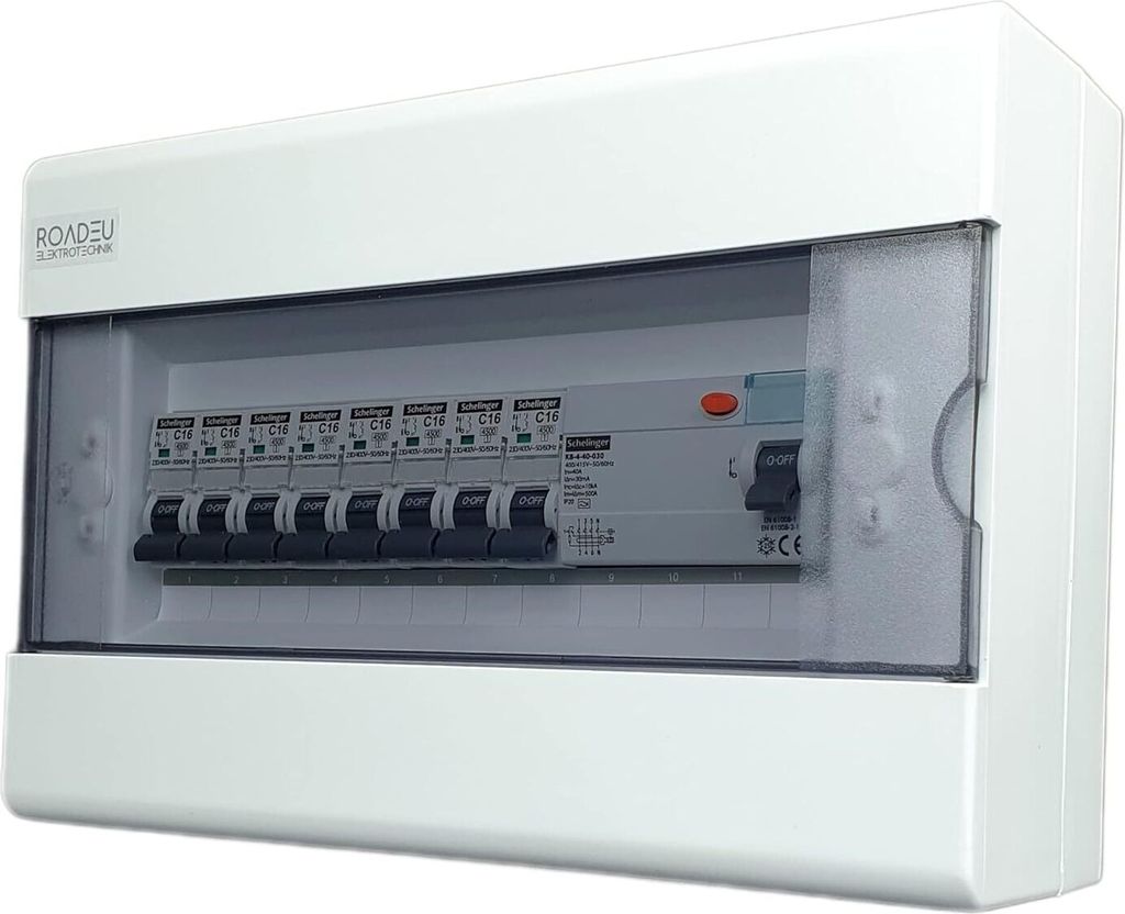 RoadEu - Leitungsschutzschalter - Set Fi Schutzschalter 40A 4P type A/AC - 8x C 16A Sicherungsautomat in einem Aufputz Verteilerkasten
