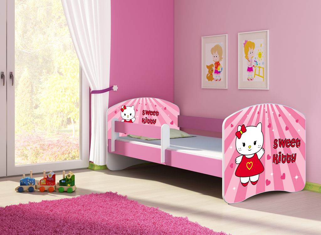 ACMA Jugendbett Kinderbett Junior-Bett Komplett-Set mit Matratze Lattenrost und Rausfallschutz Rosa 15 Sweet Kitty 140x70