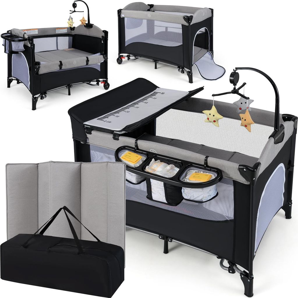 COSTWAY 5 in 1 Babybett, Reisebett Baby, Beistellbett mit Matratze, Rollen, Wickelauflage, Spieluhr & Hängespielzeug, Stubenwagen Babywiege, Grau