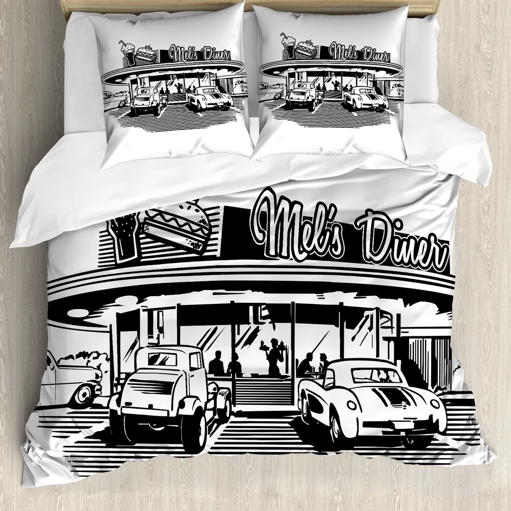 Copripiumino ABAKUHAUS Retro, auto retrò nostalgica, antiacaro, adatto a chi soffre di allergie, con federe, 155 cm x 220 cm - 80 x 80 cm, bianco e nero