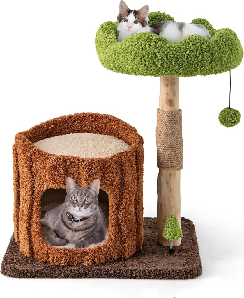 GOPLUS Kratzbaum mit Sisalpfosten, mehrstöckiger Katzenbaum mit Aussichtsplattform und Katzenhaus, mit Jutesäule & Ball, Braun, Grün