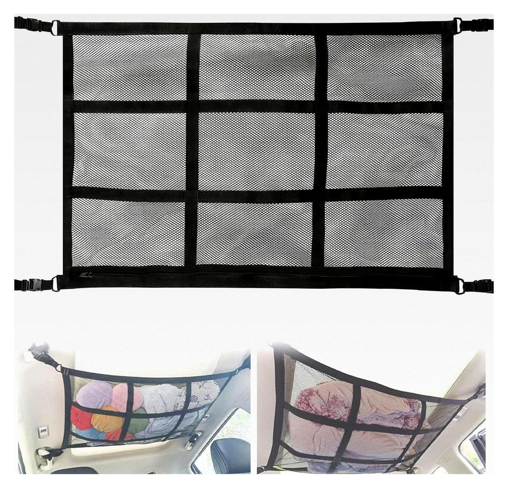 1 Stück Auto-Dach-Cargonetz mit Reißverschluss, Doppellagiges Mesh, Laderaum-Netztasche, Haken-Taschenhalter-Netz, Dehnbares Cargonetz-Organizer