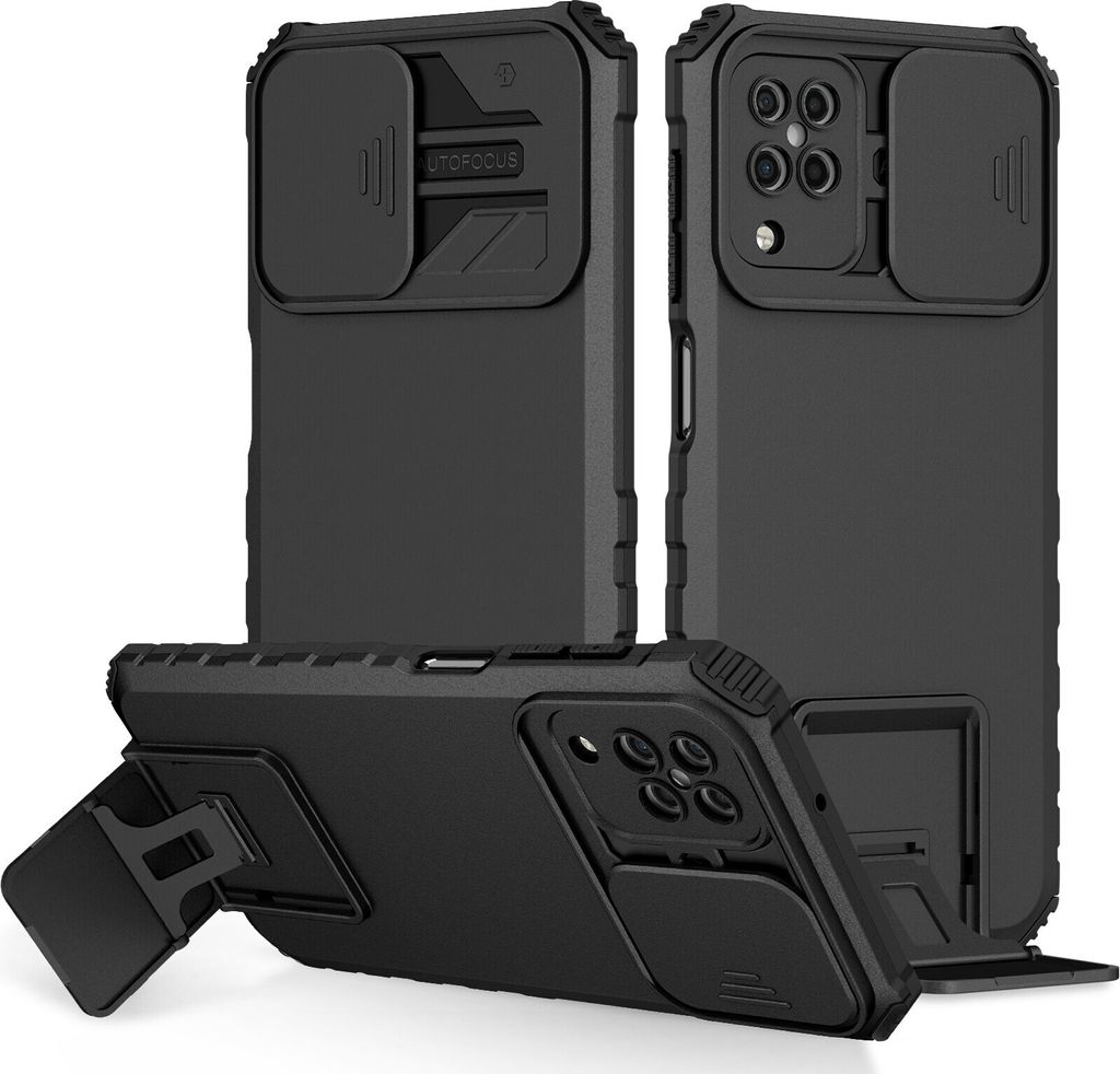 Galaxy A12 5G Hülle, Dual Layer Ständer Schutzhülle mit Schiebe Kamera Schutz für Samsung Galaxy A12 5G Schwarz